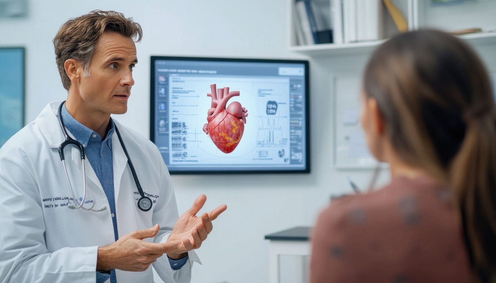 Doctor showing anatomical projection of human heart to patient Doctor is gesturing while explaining heart anatomy to his patient